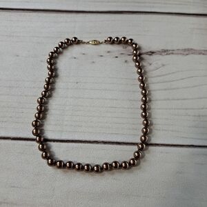 Elegant Brown Bronze Faux Pearl Necklace Fish Hook Oval Filigree Box Clasp
